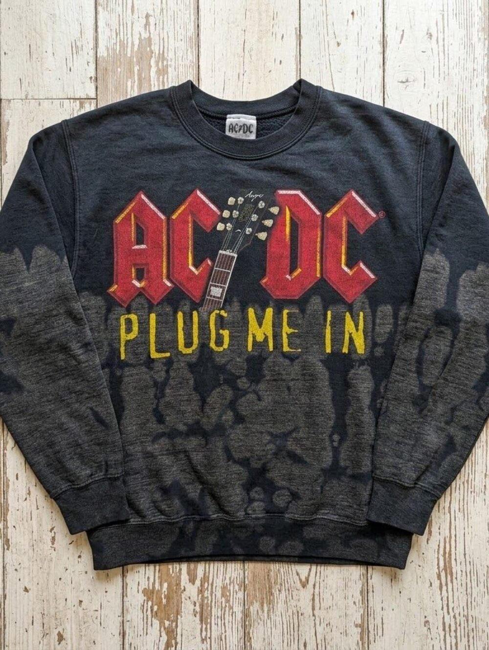 AC/DC Mens S Black Bleach Wash Sweatshirt Plug Me In Band Merch Grunge Tie Dye